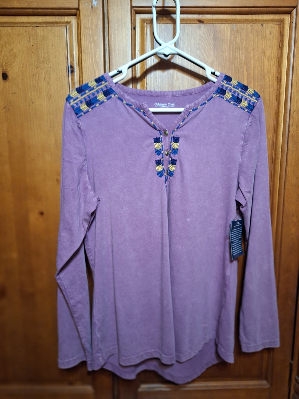 Coldwater Creek M Purple Garment Dyed 100% Cotton Embroidered Boho Top NWT